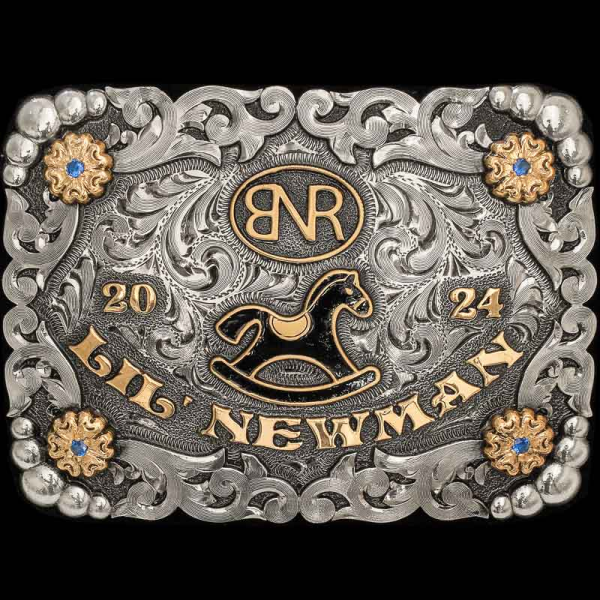 Make the Fawn your little cowboy or cowgirl's first belt buckle! Crafted on a high-quality German Silver base that is hand-engraved and detailed with our signature antique finish. Elements like the beaded corners, beautiful overlays, Jewlers Bronze letter